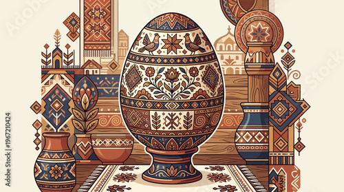 Exquisite Decorated Egg Adorned with Intricate Folk Patterns and Traditional Eastern European Cultural Motifs Evoking Heritage and Festive Celebration During Springtime