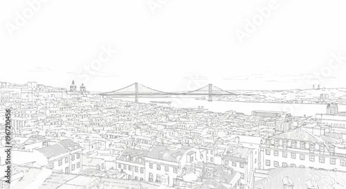 Panoramic sketch of a sprawling cityscape with a large suspension bridge spanning a river in the distance
