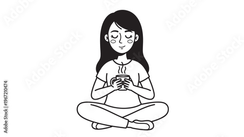 Woman meditating with eyes closed holding a warm cup of steaming beverage, sitting in a cross-legged lotus pose