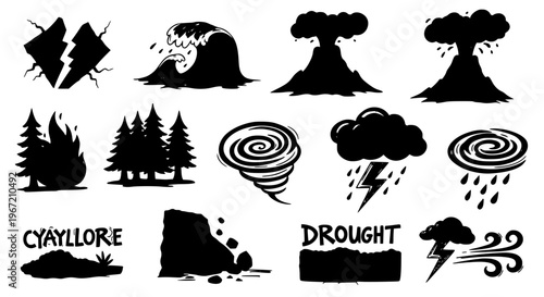 Hand drawn natural disaster doodle icon set with earthquake tsunami storm wildfire and volcano vector illustration
