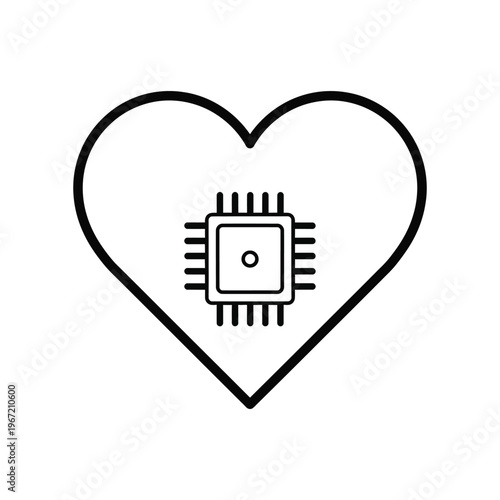 Conceptual minimalist line art icon featuring a microprocessor chip embedded within a heart shape, symbolizing the intersection of artificial intelligence and human emotion in the digital age.