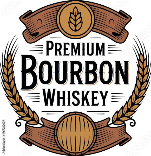 Premium bourbon whiskey label with barrel, wheat and ribbon elements