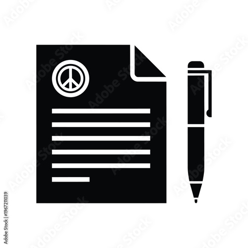 Peace treaty document with pen icon representing diplomatic agreement, international cooperation, and global harmony