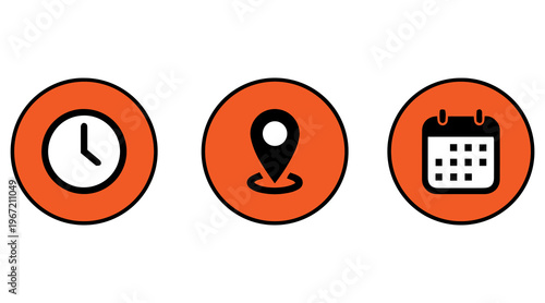 Calendar clock and location pin icons representing time date and place