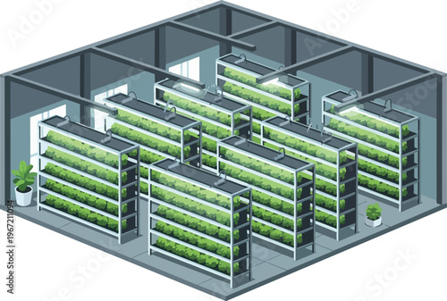 Isometric Indoor Vertical Farming Facility Illustration with Racks of Green Plants and LED Grow Lights for Modern Sustainable Agriculture
