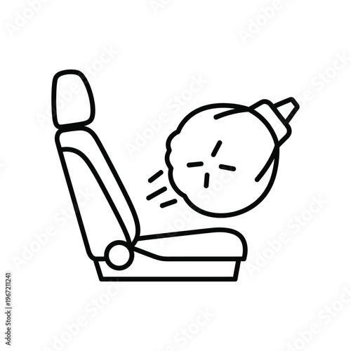 Minimalist line icon of a car seat with a deployed airbag illustrating automotive safety systems and passenger protection during a collision.