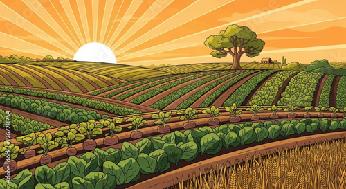 Lush green farmland at sunrise with rows of crops vibrant vegetables and a solitary tree under a golden sky