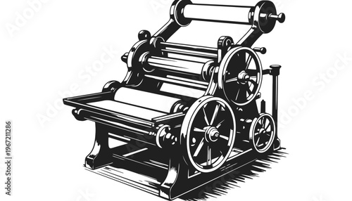 A vintage printing press machine in a classic black and white illustration