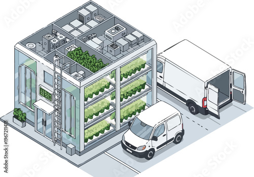 Isometric Illustration of a Modern Vertical Farm Building with Delivery Vans for Urban Agriculture and Sustainable Food Logistics
