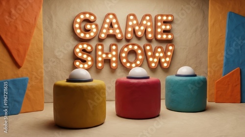Colorful Game Show Setup Featuring Large Lit Letters and Vibrant Decorative Elements