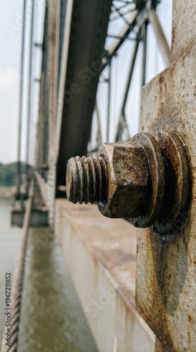 Close-Up of a Rusty Bolt on an Industrial Bridge Over Water with Urban Landscape in Background