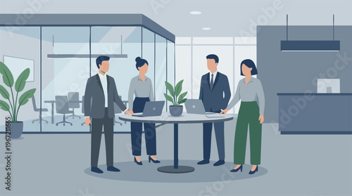 Business professionals collaborating around a table in a modern office