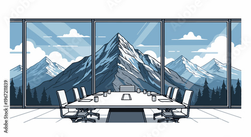 Pixelated conference room with panoramic mountain view through large windows