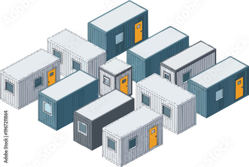 Isometric Modular Container Units for Construction Site Office and Temporary Portable Housing, Vector Illustration of Prefabricated Cabin Modules on White Background