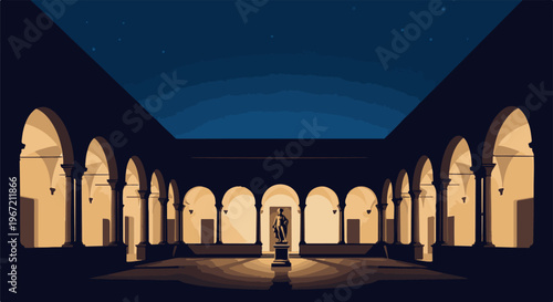 Pixelated courtyard with arched colonnades and a central statue under starlit sky