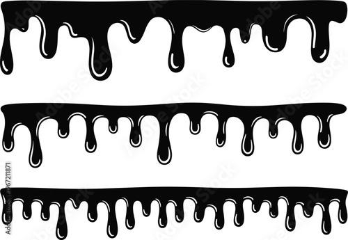 Dripping liquid border vector set with paint splashes, abstract fluid design, grunge drip elements