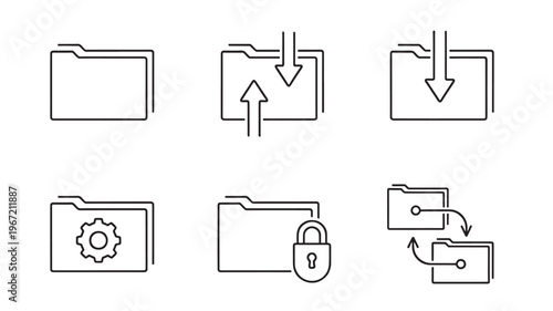 Folder icons set with arrows for upload download, cogwheel for settings, lock for security, and transfer between folders