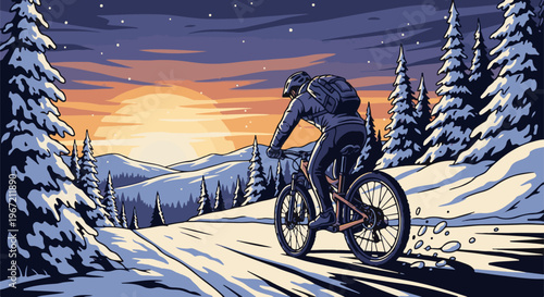 Pixelated cyclist rides through snowy forest at sunset