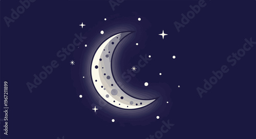 Pixelated crescent moon and stars against a dark night sky background