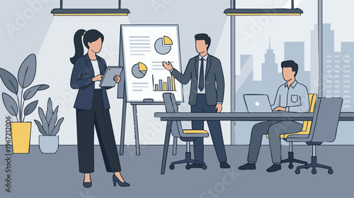 Business professionals collaborating during a presentation in a modern office