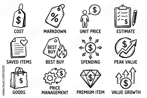 A set of vector icons illustrating various financial and shopping concepts on transparent background