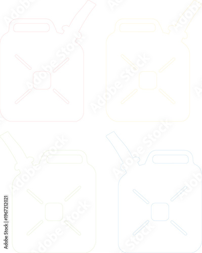 Minimalist fuel can vector set, four outline jerrycans, simple gas container icons, essential automotive and energy storage graphics for industrial design