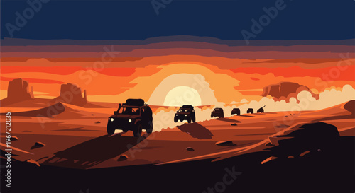Pixelated desert landscape at sunset with vehicles traveling in a convoy