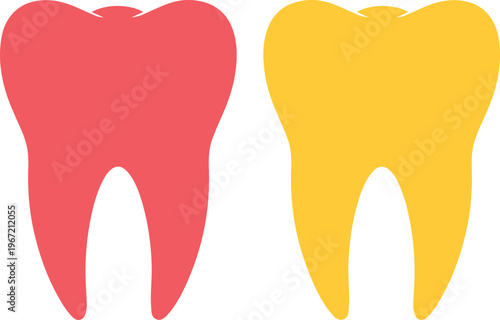Vibrant red and yellow molar teeth vector illustration, dental health concept, oral hygiene graphic element, tooth care icon for dentistry design