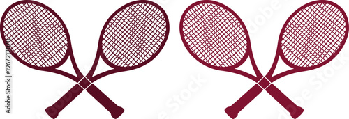 Crossed tennis rackets vector illustration, two sets of maroon tennis equipment, sports club emblem, athletic competition graphic element, active lifestyle design asset