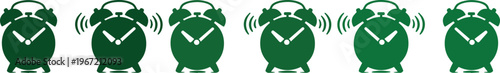 Green Alarm Clock Icons, Ringing and Silent Timepiece Symbols, Vector Graphic Set for Scheduling and Reminders