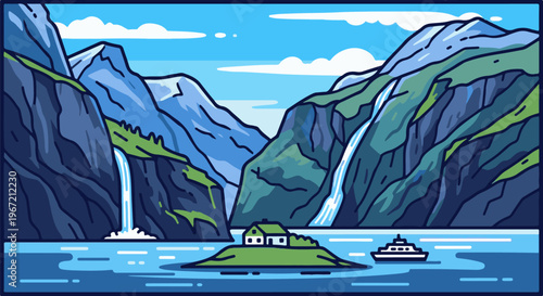 Pixelated fjord with waterfalls, a house on an island, and a boat