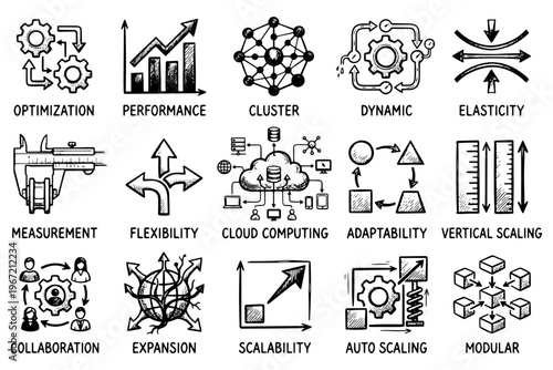 A set of scalable vector graphics icons illustrating cloud computing concepts on transparent background