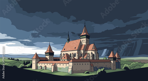 Pixelated fortified church complex under stormy, cloudy skies in a rural landscape