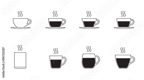Eight icons of steaming coffee cups and glasses with black filled interiors and simple line art featuring cup, icon, set with collection and hot