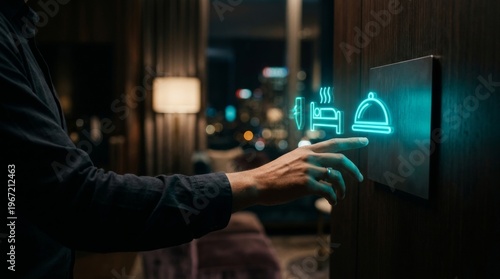 Hand interacting with a digital interface showing room service icons in a modern setting