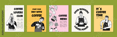 Set of posters coffee break. Doodle Hand drawn outline illustrations with cups, barista, chemex, turk in sketch style. Vintage design for coffee house wall art, menu, cafes, print