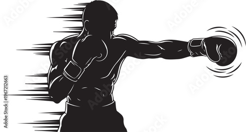 Black silhouette boxer throwing punch white background