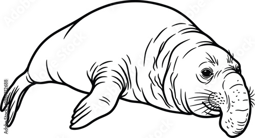 Southern Elephant Seal Line Art, Realistic Marine Animal Vector Illustration