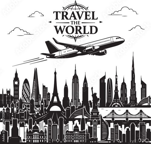 Black and white illustration of a plane flying over a city skyline with travel text
