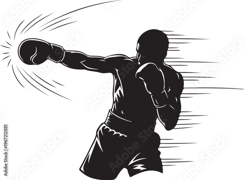 Black silhouette boxer throwing punch with motion lines
