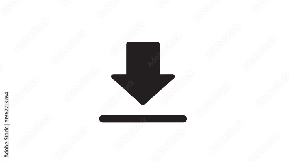Fototapeta premium Arrow down icon with a horizontal line below, symbolizing download and data transfer on a white background.