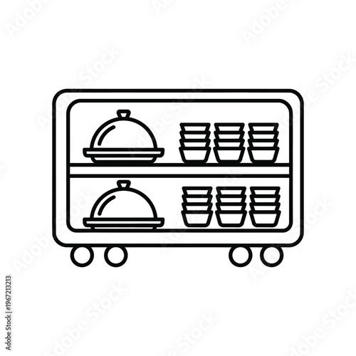 Professional catering food trolley with cloches and stacked bowls on shelves for hotel room service and restaurant banquet delivery