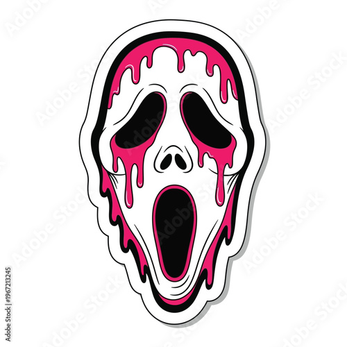 A horror-inspired Scream mask dripping with pink liquid. sticker