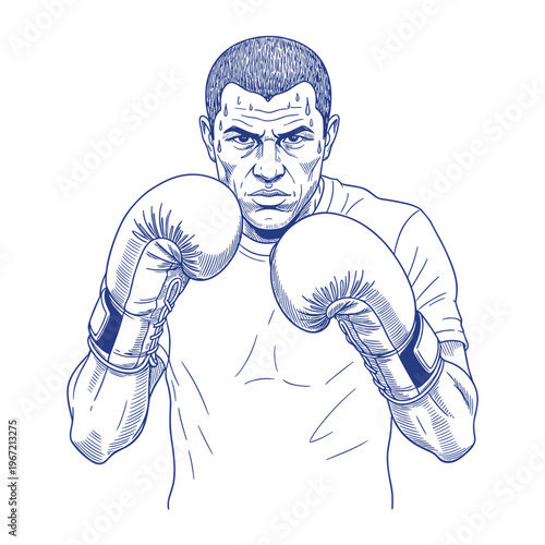 Boxer in fighting stance with determination on white background for sports illustration