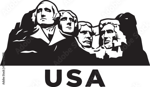 Bold black and white vector illustration of Mount Rushmore, featuring four presidential faces carved into the mountain, representing American history and patriotism.