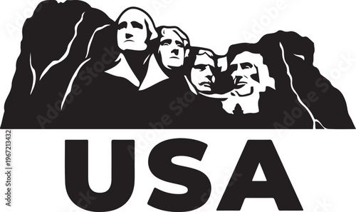 Bold black and white vector illustration of Mount Rushmore, featuring four presidential faces carved into the mountain, representing American history and patriotism.