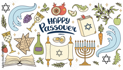 Passover celebration illustration with traditional Jewish symbols and objects