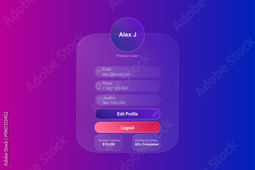 Glassmorphism user profile UI, modern mobile app account screen, transparent glass interface design