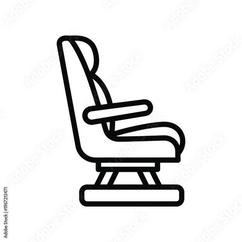 Minimalist black line icon of an ergonomic car or airplane seat with armrest and headrest for transportation and interior design concepts