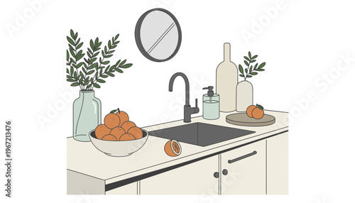 A kitchen counter with a bowl of oranges and a sink